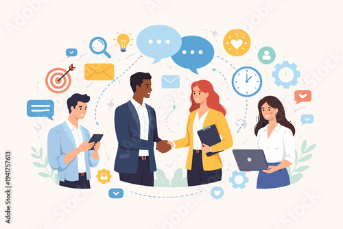 Business communication and partnership concept with diverse professionals shaking hands. Flat vector illustration featuring icons for networking, teamwork, digital technology, and success.