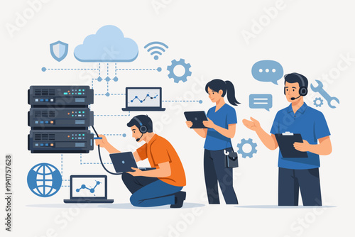 Flat Vector Illustration of IT Technical Support Team Working on Server Maintenance, Network Engineering, and Cloud Infrastructure Management with Technicians, Laptops, and Data Center Equipment.