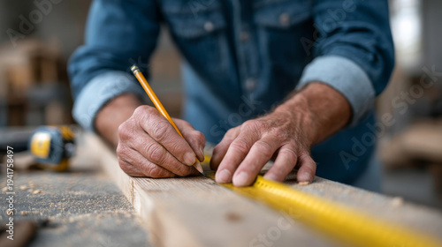 Carpenter measuring wooden plank with precision for construction project