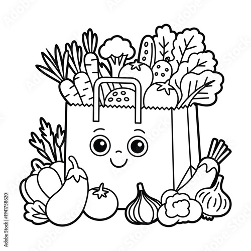 Cute anthropomorphic paper shopping bag filled with various fresh healthy vegetables and fruits isolated on transparent background