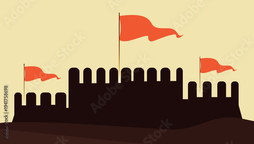 Historic Maratha fort with saffron flag tribute to Chhatrapati Shivaji Maharaj heritage illustration vector artwork design