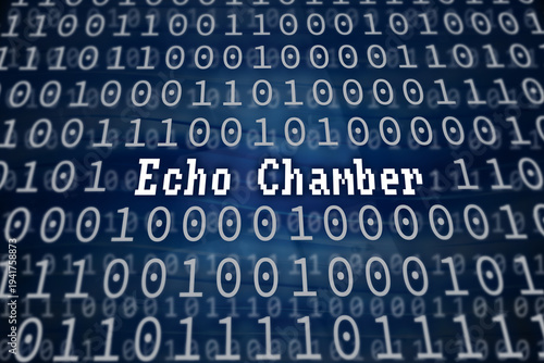 Digital isolation concept showing a pixelated Echo Chamber title over a blue binary background with repeating, mirrored data loops and circular feedback patterns.