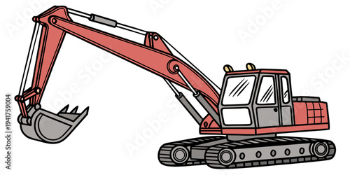 A cartoon illustration of a red excavator with a large arm and bucket for construction or industrial concepts