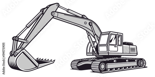A black and white line drawing of an excavator machine with a large arm and bucket