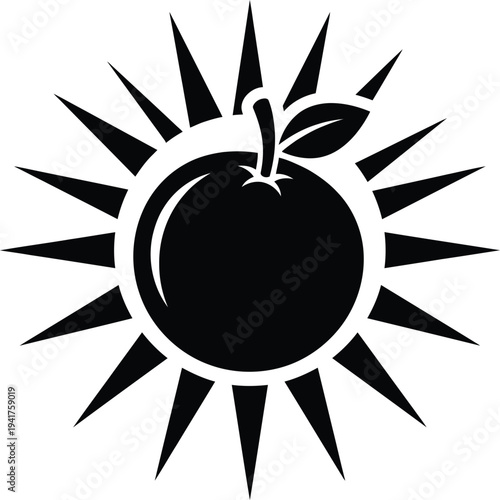 Minimalist black vector silhouette icon of a fresh orange fruit centered within a sunburst, representing summer sunshine, vitamin C health, organic farming, and tropical energy.