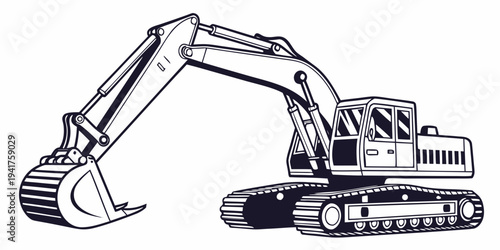 Black and white illustration of an excavator machine with a long arm and bucket on tracks
