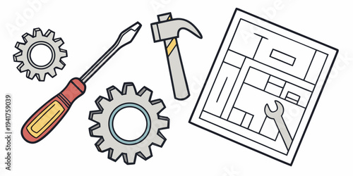 A set of tools and mechanical parts including a screwdriver, hammer, gears, and a blueprint