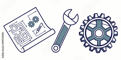 Blueprint with wrench and gear icons for engineering or mechanics