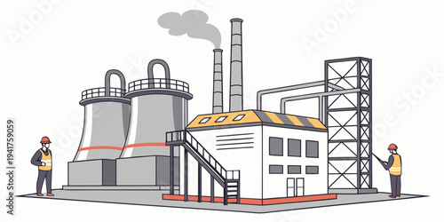 Industrial factory building with workers and smokestack emitting smoke