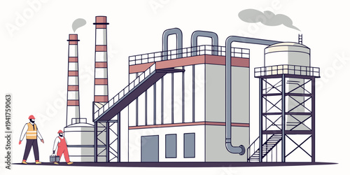 An industrial factory with workers and smokestacks emitting smoke, industrial scene with machinery and workers