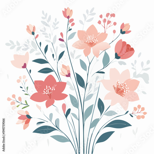 Delicate and Charming Floral Bouquet Illustration Featuring Soft Pink and Peach Blossoms with Elegant Foliage