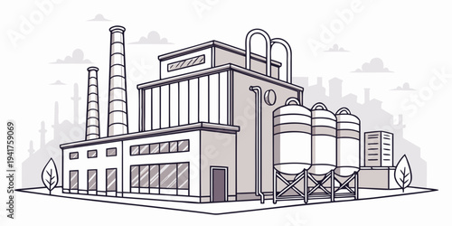 Industrial factory building with silos and smokestacks