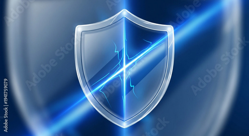 Glowing blue shield with lightning bolts on transparent background symbolizing protection and security