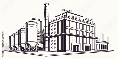 A detailed line drawing of an industrial factory building with various machinery and equipment