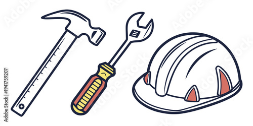 A set of construction tools including a hammer, screwdriver, and hard hat for building and repair work