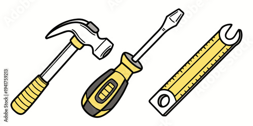 A set of three essential tools including a hammer, screwdriver, and wrench for diy projects and home repair