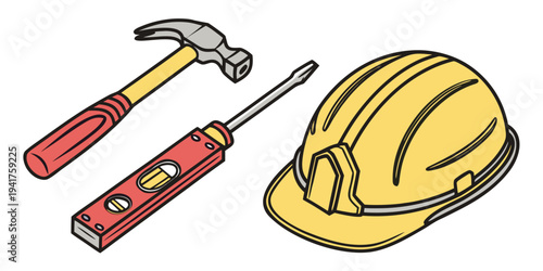A set of construction tools including a yellow hard hat, a red level, and a hammer on a for building and safety