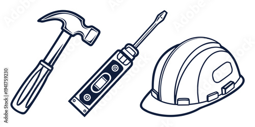A line drawing of a hammer, cordless drill and a hard hat for construction workers