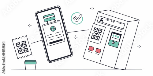 Mobile phone with ticket on screen next to a ticket machine and a cup of coffee on a white surface with a checkmark