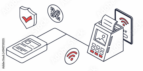 A payment terminal with a mobile phone and payment card connected via wireless signals on a for finance and technology concepts