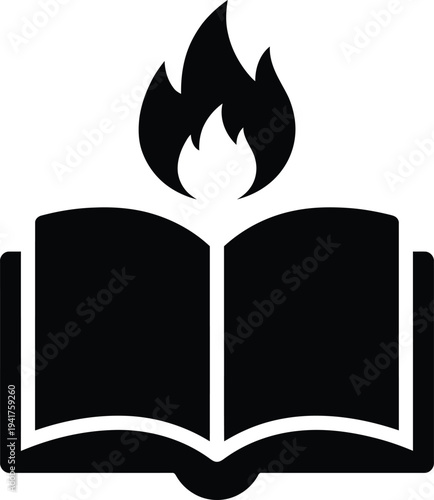 Minimalist black vector silhouette icon of an open book with a burning fire flame, representing religious bible faith, holy spirit, or education and knowledge enlightenment.