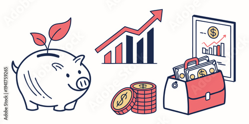 Financial growth and savings concept with piggy bank, coins, briefcase, and graph