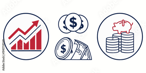 Financial icons including growth chart, coins, and piggy bank on for business and investment concepts