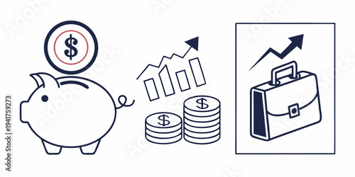 Financial growth and savings concept with piggy bank, coins, and briefcase on showing increasing graph