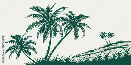 Dark green palm trees on a grassy hill with a light green background