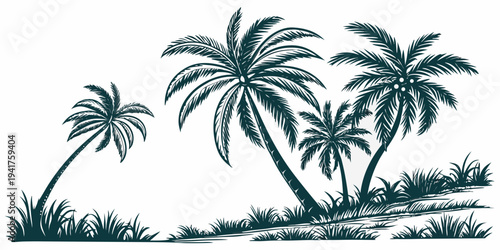 A serene tropical landscape featuring a group of palm trees on a sandy beach with grassy areas