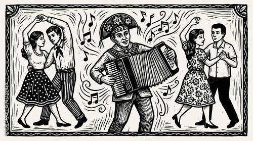 Traditional Brazilian Cordel Style Illustration of Forró Dance with Accordion Player and Dancing Couples, Black and White Woodcut Folk Art