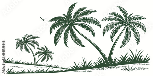 Tropical landscape with palm trees and grass on sandy beach