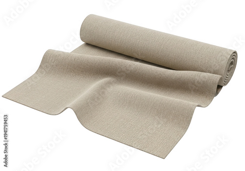 Beige carpet remnant rolls with folded and rolled sections isolated on transparent background