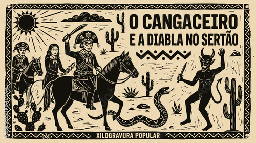 Traditional Brazilian Xilogravura Woodcut Illustration of a Cangaceiro and the Devil in the Sertao, Cordel Style Folk Art