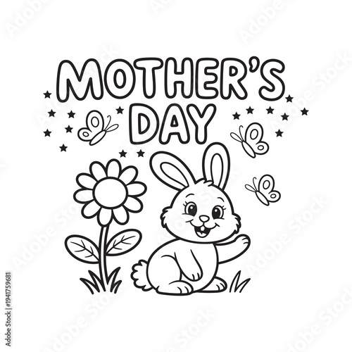 “Mother’s Day” text  with a smiling bunny sitting happily beside a tall sunflower.
