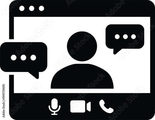 Minimalist black vector silhouette icon of a video conference screen with a person and chat bubbles, representing virtual webinars, online business meetings, and remote communication.