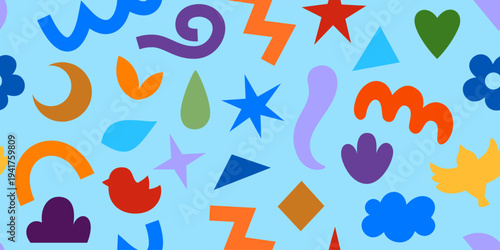 A vibrant seamless pattern with abstract geometric shapes, drawn with marker or paper cutouts.
