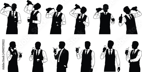Bartender drinking and serving cocktails silhouette set with wine glass beer bottle and bar service