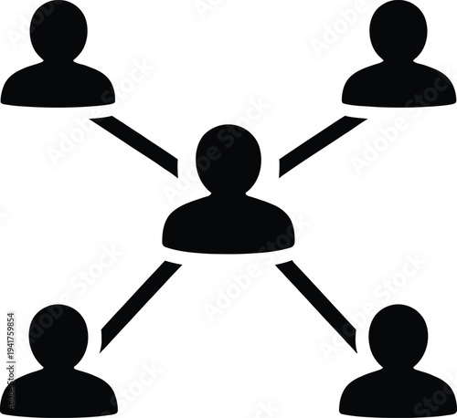 Minimalist black vector silhouette icon of a central person connected to four other people, representing a business network, social community, and corporate teamwork structure.