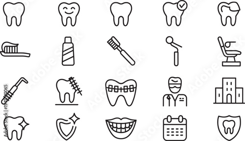 Black and white dental showing teeth, tools, and dental care toothbrush