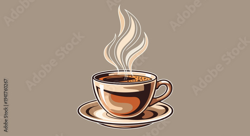 A steaming cup of hot coffee or tea on a saucer.