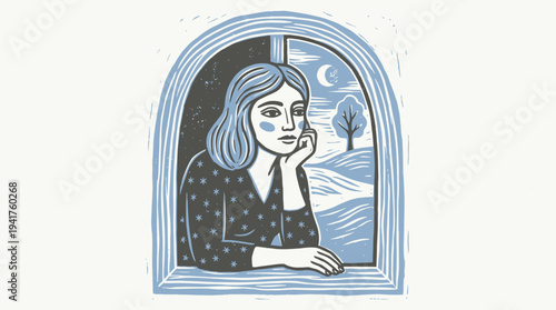 Pensive Woman Looking Out Window at Night Linocut Illustration, Melancholy Female Character Dreaming by Moonlight