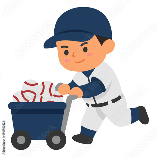 Cute Baseball Player Collecting Balls into Training Cart Vector