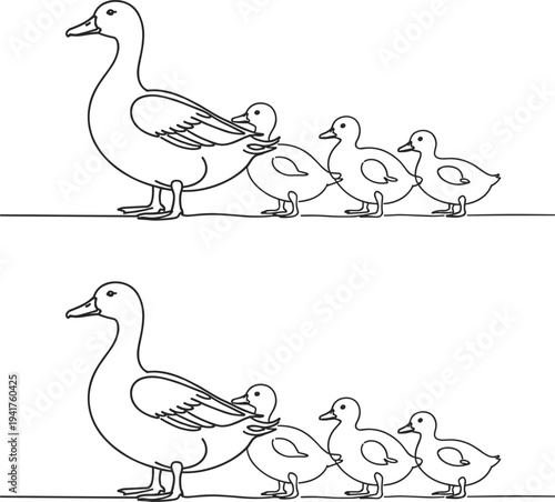 Mother Duck and Ducklings Walking in Line Simple Line Art Isolated on White