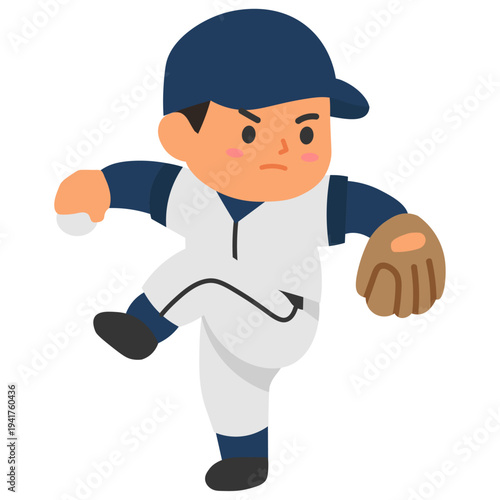 Cute Chibi Baseball Pitcher Preparing to Throw the Ball Vector Illustration