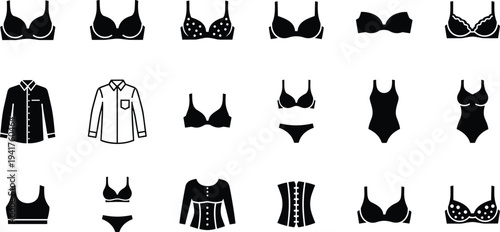 Set of black and white women’s clothing and lingerie icons including bras, panties, bodysuits, corset, sports bra, fashion silhouettes for retail and design