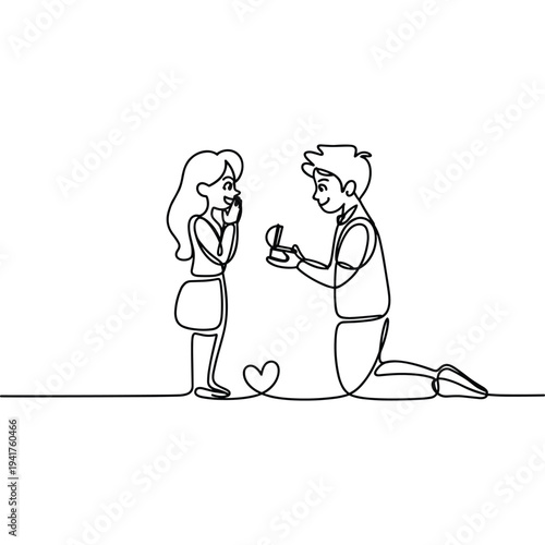 Man proposing marriage to surprised woman with engagement ring box drawn in continuous line art style