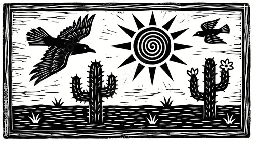 Desert Landscape Linocut Print with Sun Birds and Saguaro Cactus, Black and White Woodcut Illustration of Southwest Nature Scene