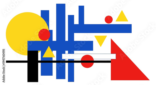 Abstract geometric composition with primary colors and shapes.