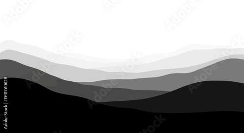 Abstract monochrome landscape with rolling hills and sky.